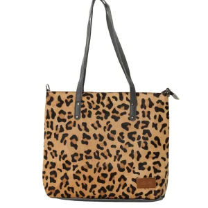 Women’s recycled leather tote shoulder bag with reversible animal print design and adjustable crossbody strap
