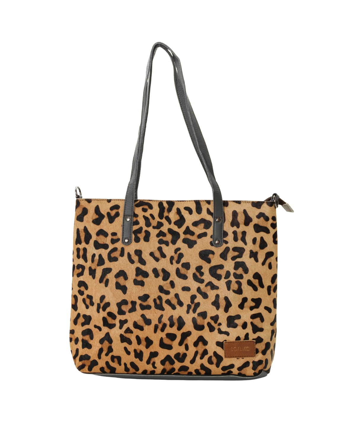 Women’s recycled leather tote shoulder bag with reversible animal print design and adjustable crossbody strap