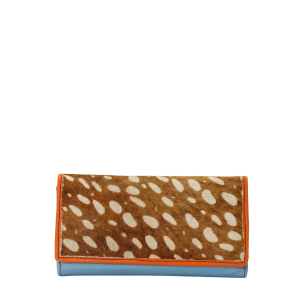 Handmade recycled leather wallet in Blue and Red with animal print flap