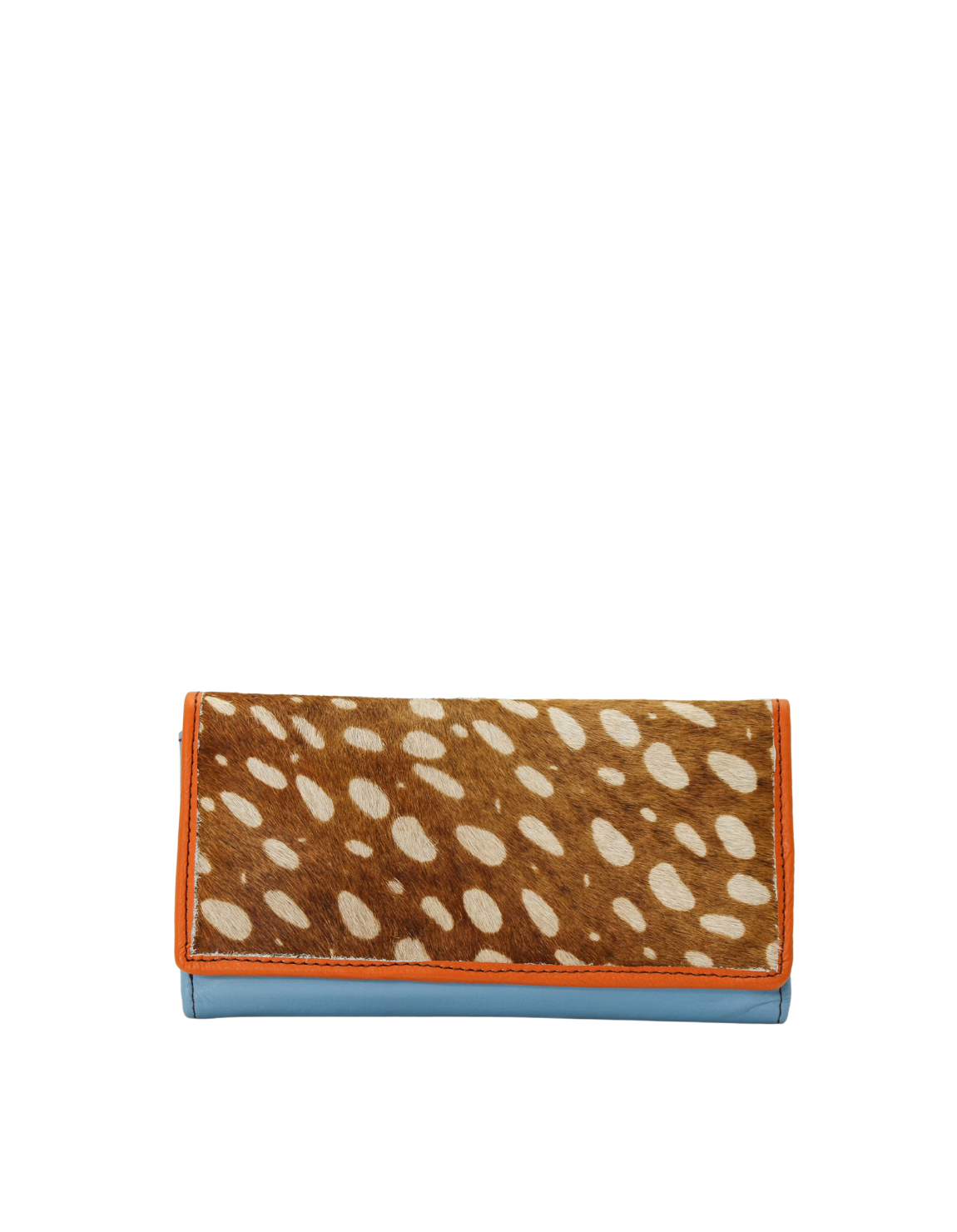 Handmade recycled leather wallet in Blue and Red with animal print flap