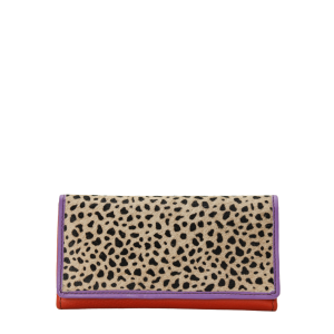 Handmade recycled leather wallet in Red and Orange with animal print flap