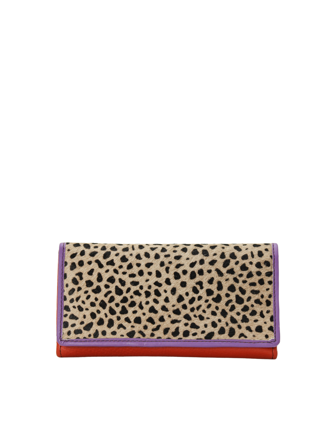 Handmade recycled leather wallet in Red and Orange with animal print flap