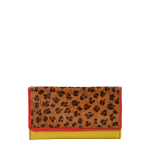 Handmade recycled leather wallet in Yellow and Red with animal print flap