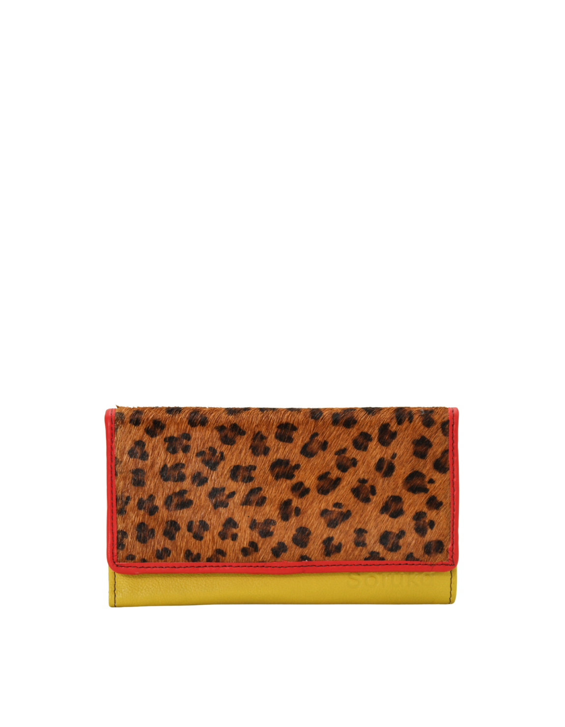 Handmade recycled leather wallet in Yellow and Red with animal print flap