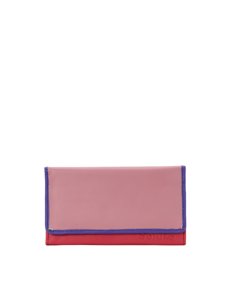 Handmade recycled leather wallet in Pink with animal print flap
