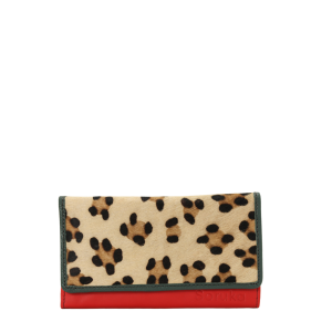 Handmade recycled leather wallet in Red and Gray with animal print flap