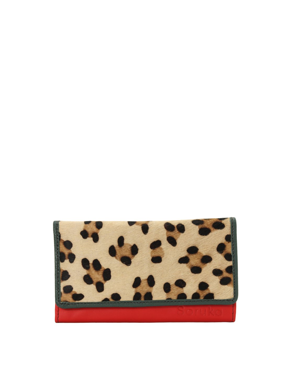 Handmade recycled leather wallet in Red and Gray with animal print flap