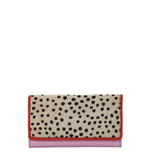 Handmade recycled leather wallet in Pink and Gray with animal print flap