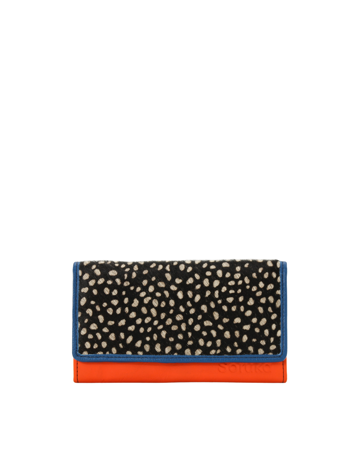 Handmade recycled leather wallet in Orange and Brown with animal print flap