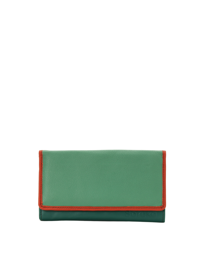 Handmade recycled leather wallet in Green with animal print flap