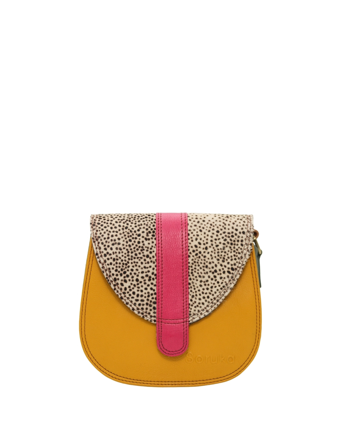 Handmade recycled leather saddle bag in yellow tones with animal print flap and adjustable shoulder strap
