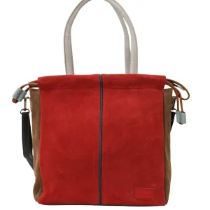 Handmade recycled leather tote bag in Red tones with adjustable shoulder strap and top handles