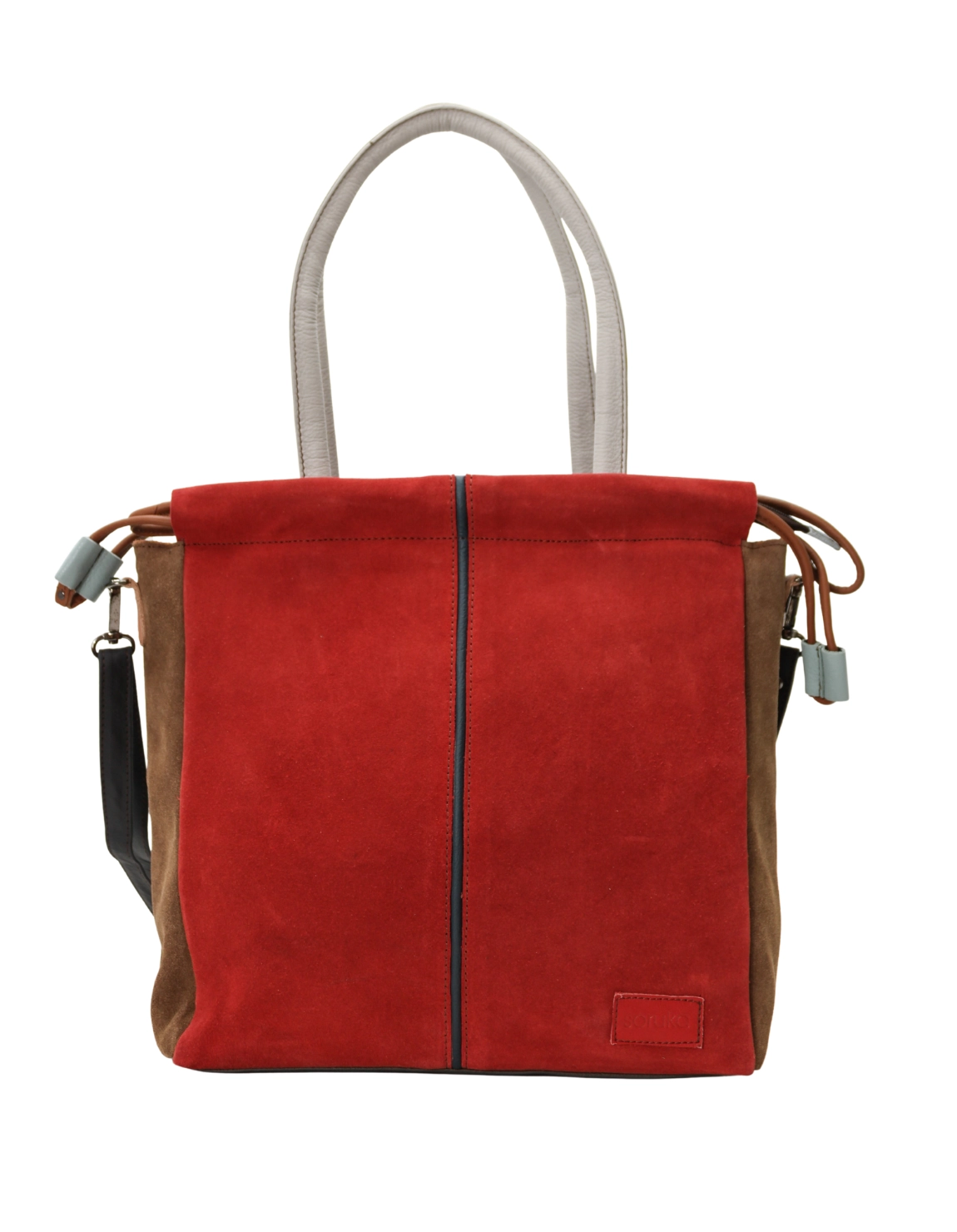 Handmade recycled leather tote bag in Red tones with adjustable shoulder strap and top handles