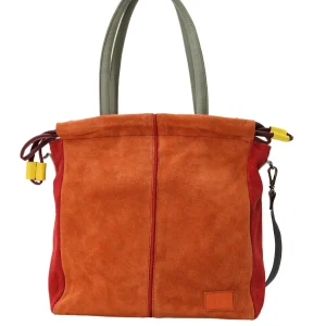 Handmade recycled leather tote bag in Orange tones with adjustable shoulder strap and top handles