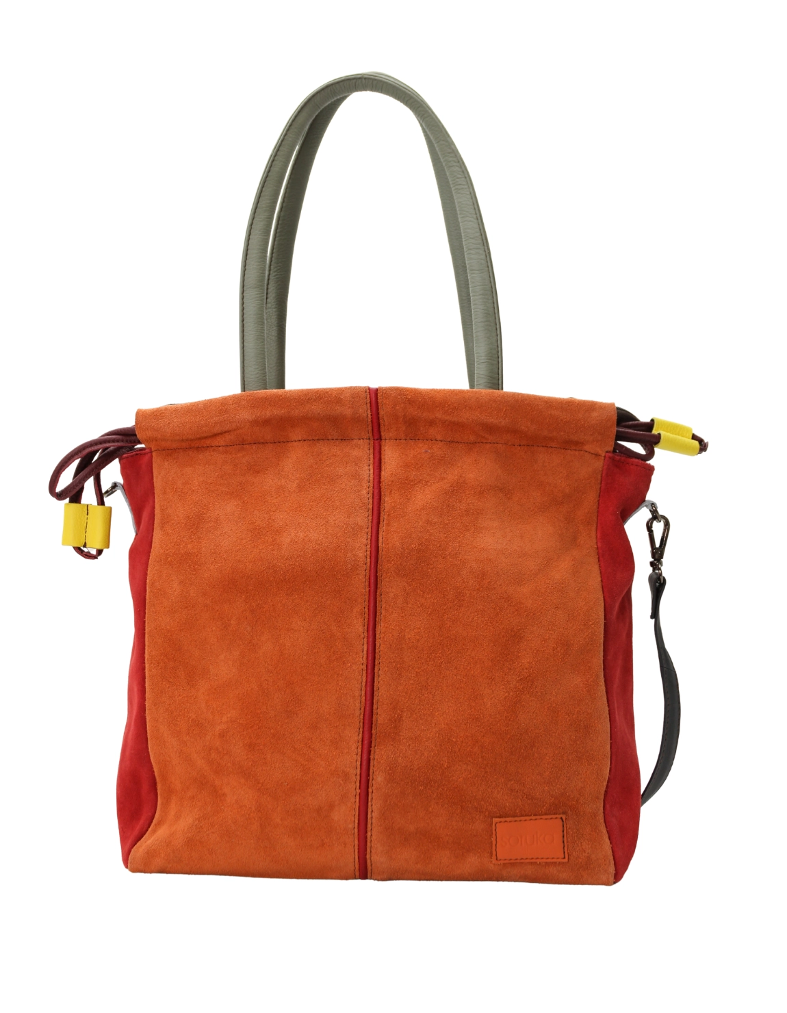Handmade recycled leather tote bag in Orange tones with adjustable shoulder strap and top handles