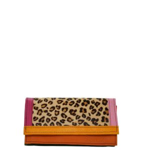Handmade recycled leather wallet in Orange tones with animal print