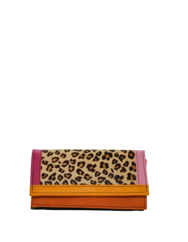 Handmade recycled leather wallet in Orange tones with animal print