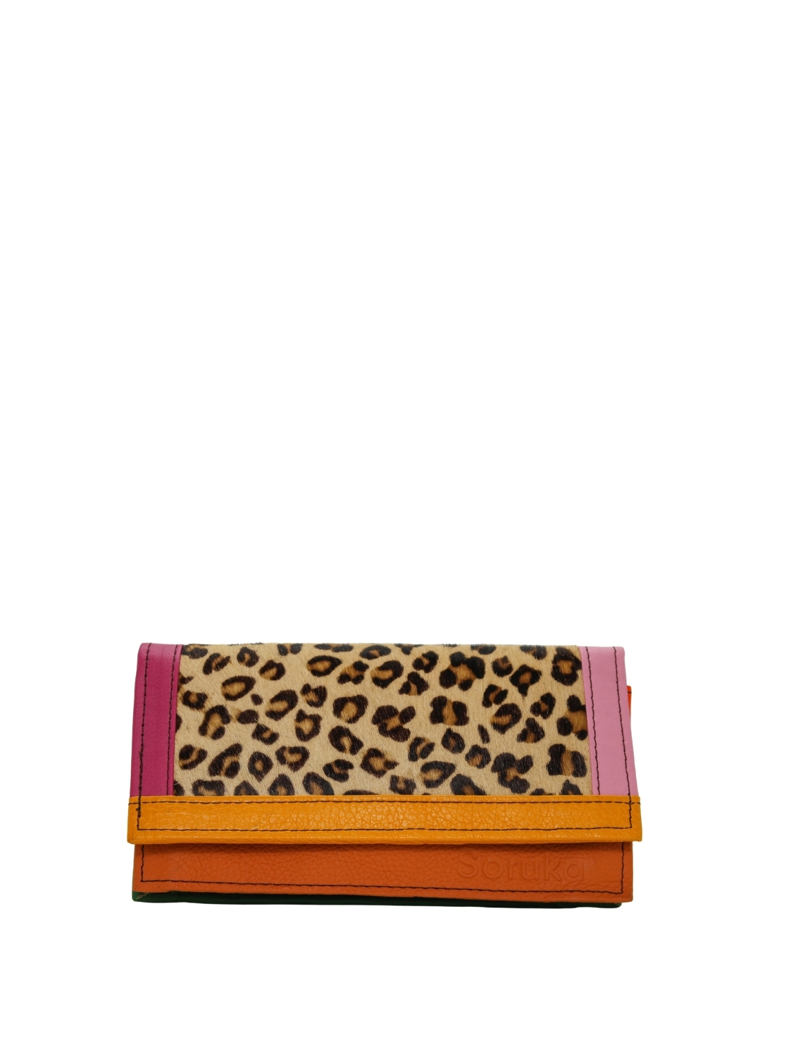 Handmade recycled leather wallet in Orange tones with animal print