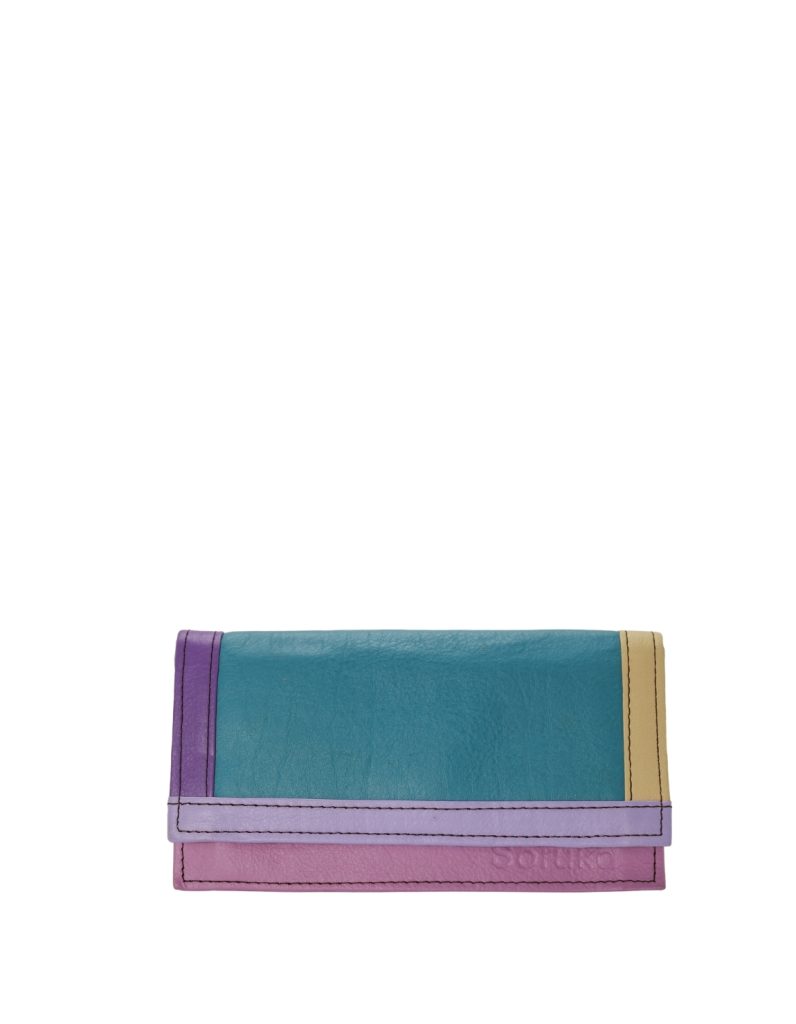 Handmade recycled leather wallet in blue tones with animal print