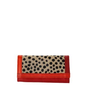 Handmade recycled leather wallet in red tones with animal print