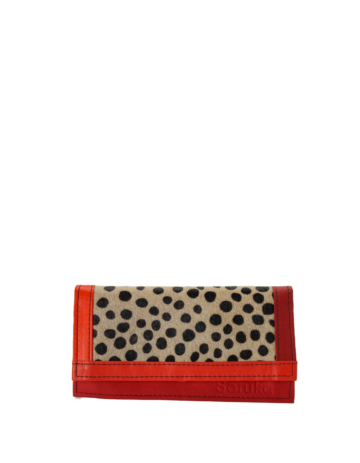 Handmade recycled leather wallet in red tones with animal print