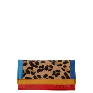 Handmade recycled leather wallet in red tones with animal print