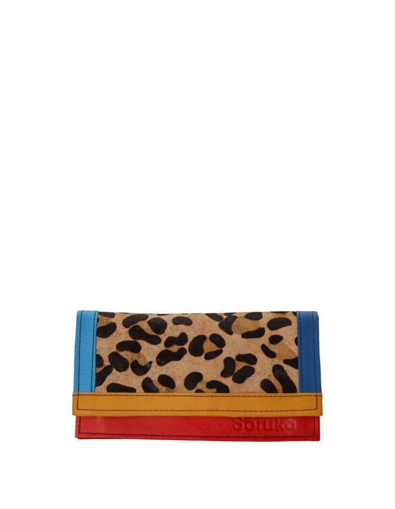Handmade recycled leather wallet in red tones with animal print