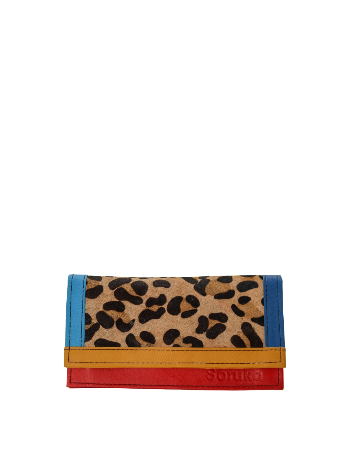 Handmade recycled leather wallet in red tones with animal print