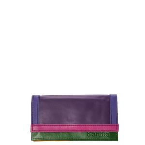 Handmade recycled leather wallet in Purlple tones with animal print