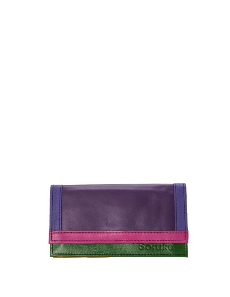 Handmade recycled leather wallet in Purlple tones with animal print