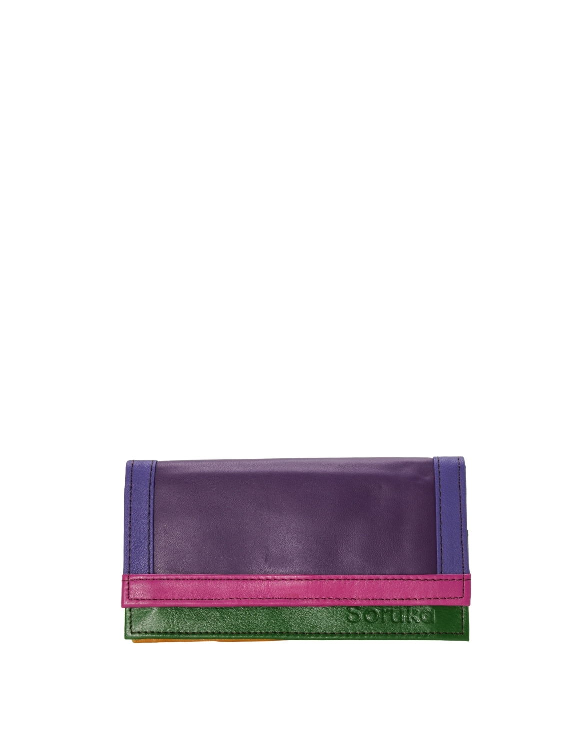 Handmade recycled leather wallet in Purlple tones with animal print