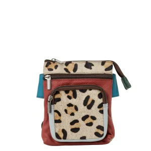Handmade recycled leather belt bag in Burgundy and Teal tones with animal print