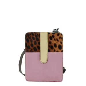 Handmade recycled leather phone bag in Pink and Yellow tones with glitter