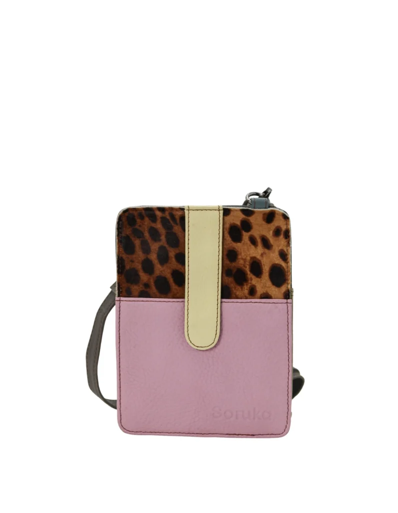 Handmade recycled leather phone bag in Pink and Yellow tones with glitter