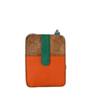 Handmade recycled leather phone bag in Orange and Green tones with glitter