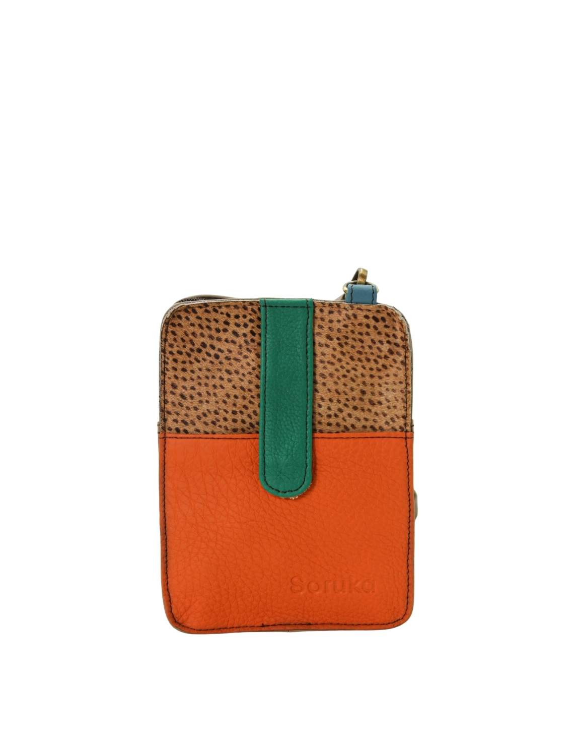 Handmade recycled leather phone bag in Orange and Green tones with glitter