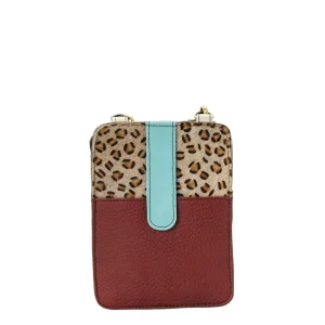 Handmade recycled leather phone bag in Burgundy and Blue tones with glitter