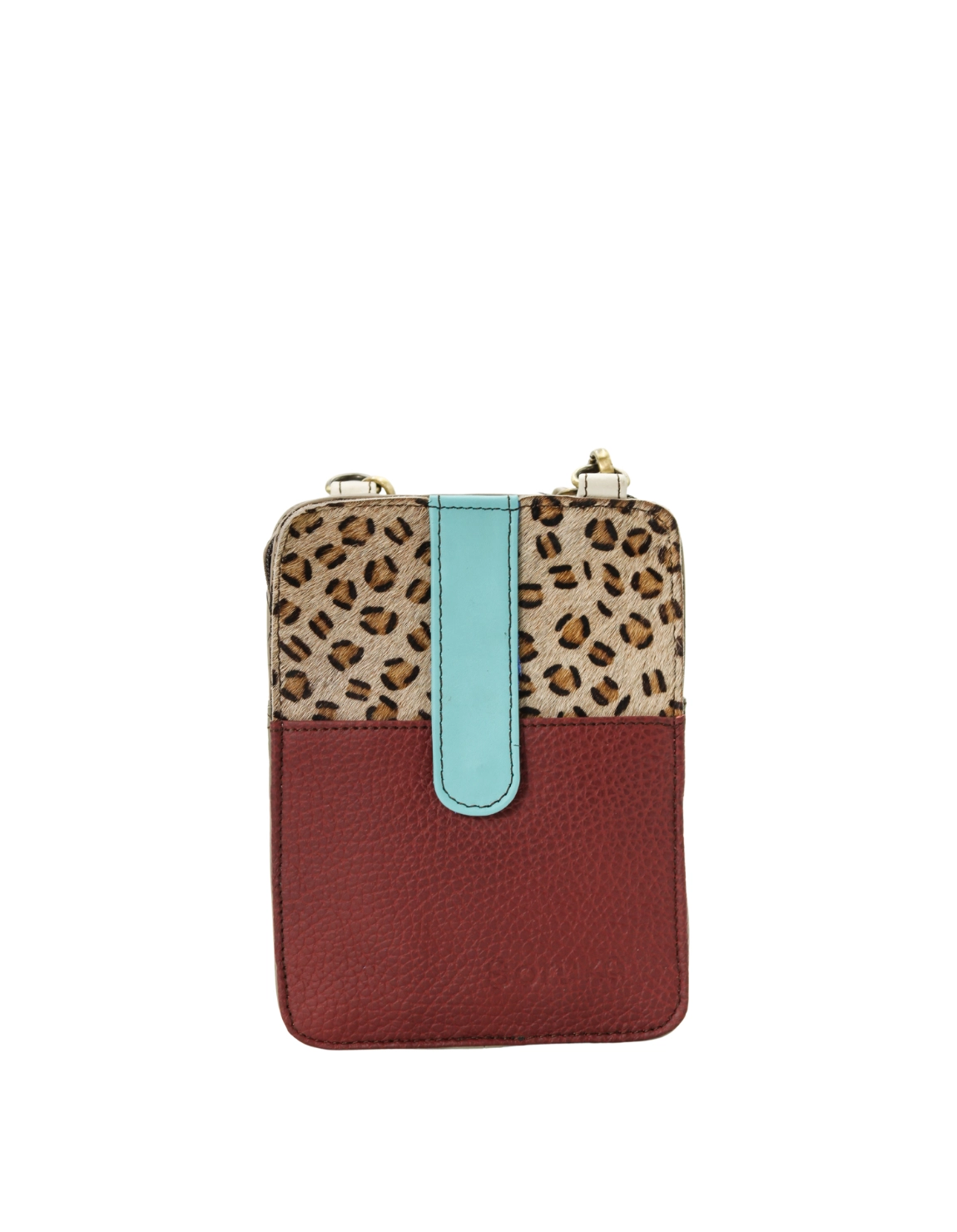 Handmade recycled leather phone bag in Burgundy and Blue tones with glitter