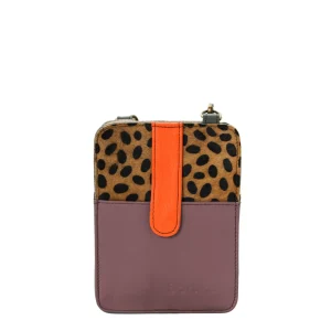Handmade recycled leather phone bag in Purple and Orange tones with glitter