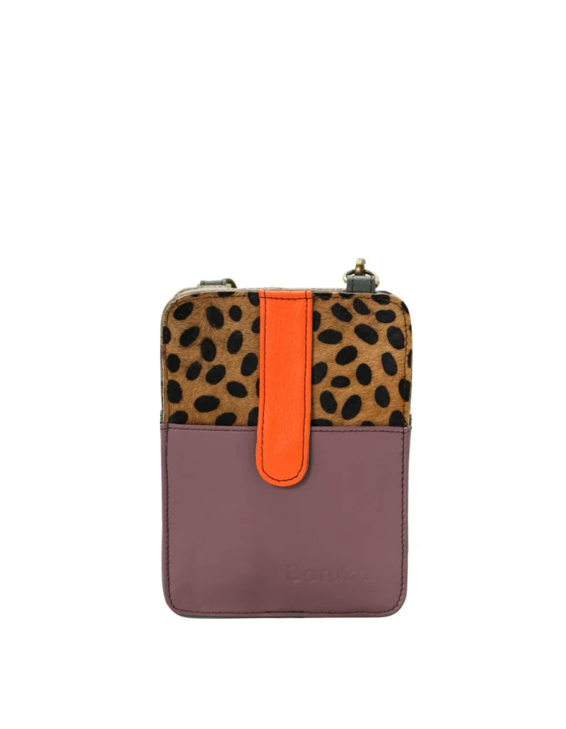 Handmade recycled leather phone bag in Purple and Orange tones with glitter