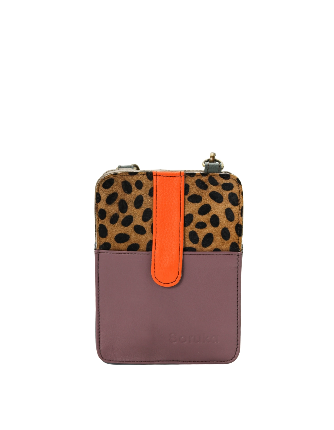 Handmade recycled leather phone bag in Purple and Orange tones with glitter