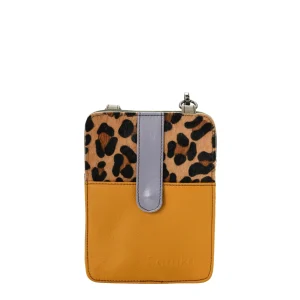 Handmade recycled leather phone bag in Orange and Gray tones with glitter
