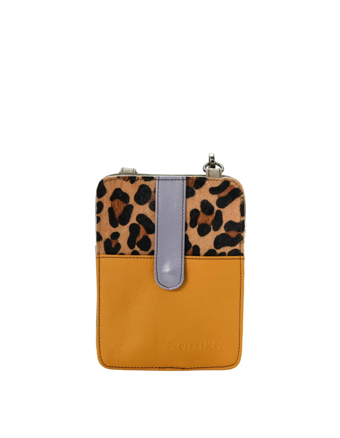 Handmade recycled leather phone bag in Orange and Gray tones with glitter
