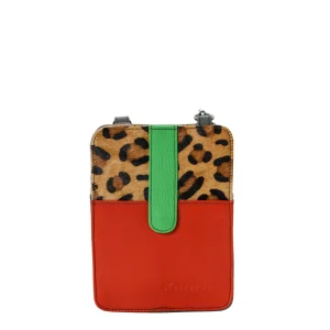 Handmade recycled leather phone bag in Red and Green tones with glitter