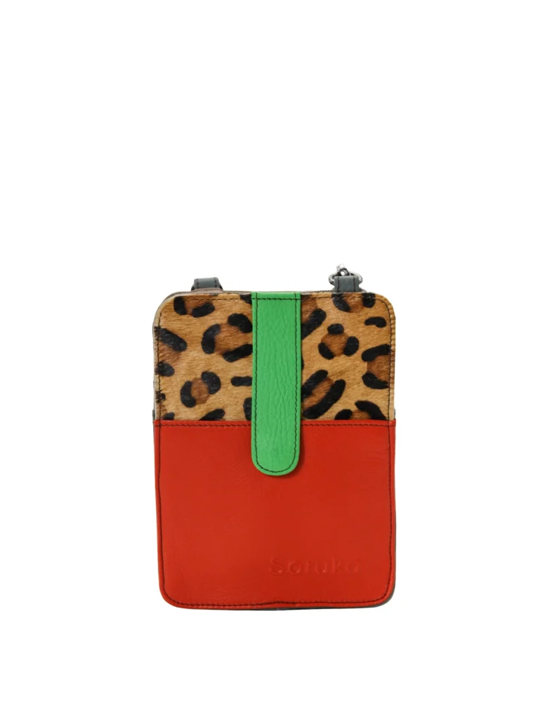 Handmade recycled leather phone bag in Red and Green tones with glitter