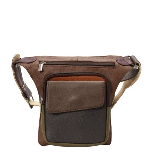 Handmade recycled leather belt bag in neutral tones with three zip compartments