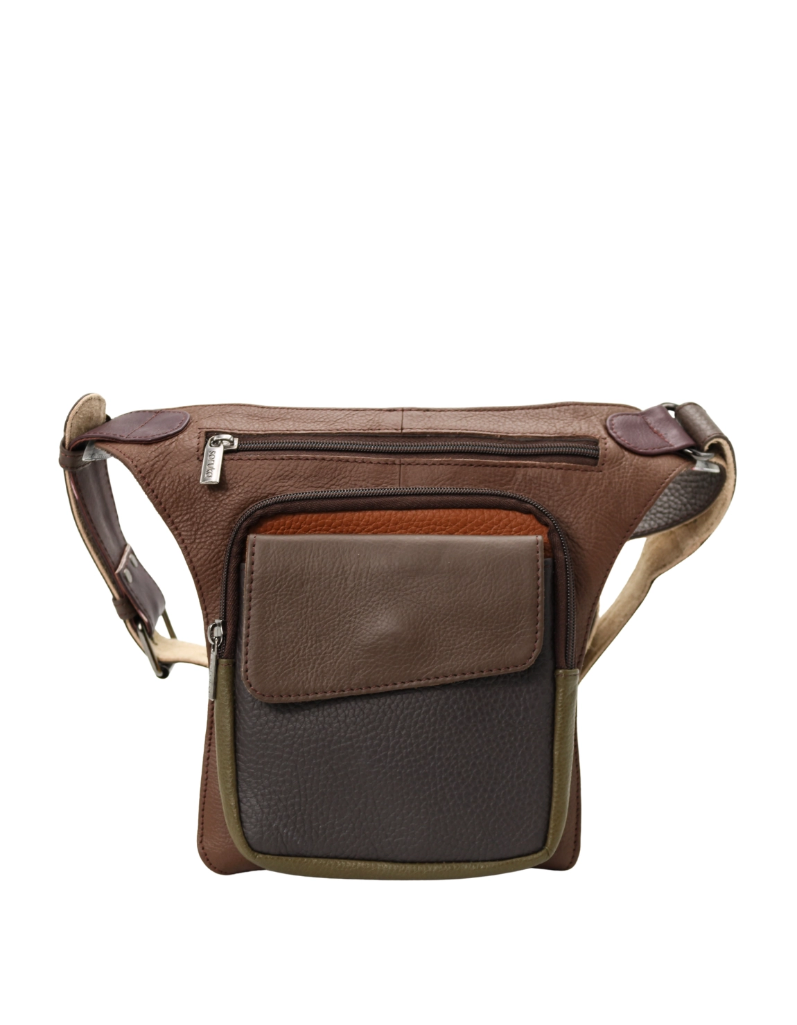 Handmade recycled leather belt bag in neutral tones with three zip compartments