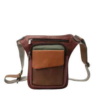 Handmade recycled leather belt bag in neutral tones with three zip compartments
