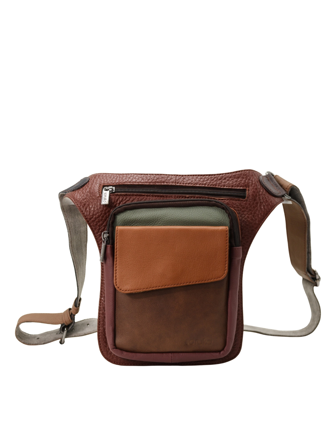 Handmade recycled leather belt bag in neutral tones with three zip compartments