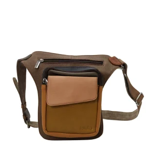 Handmade recycled leather belt bag in neutral tones with three zip compartments